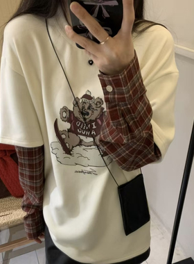 欧洲站2024秋冬新款圣诞氛围感加厚宽松百搭T恤女假两件圆领格子