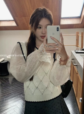 新袖2025春季新款毛衣拼接蕾丝圆领假两件时尚韩系名媛风减龄长袖