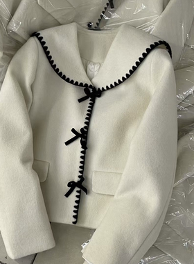 欧洲站2024新款蝴蝶结时尚翻领女百搭上衣保暖羽绒土布鱼精致外套