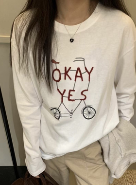 韩系新品推荐休闲时尚自行车印花圆领长袖T恤设计感打底衫女宽松