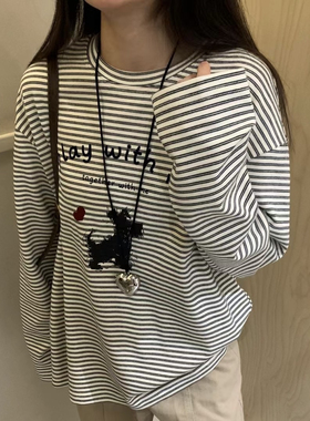 欧洲站2024秋冬新款欧货字母小狗图案条纹宽松长袖T恤百搭打底衫