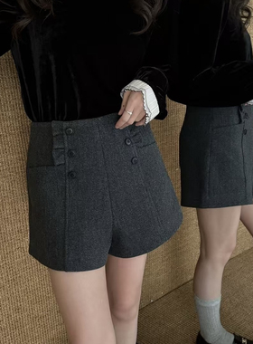 欧洲站灰色高腰毛呢木耳边短裤女2024秋冬百搭双排扣A字阔腿裤
