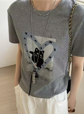 2025新款韩版时尚设计感小众卡通猫咪心形绣花短袖上衣洋气减龄潮