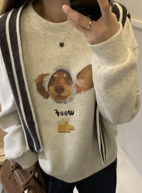 韩系2024秋冬新款减龄卡通印花圆领套头卫衣女宽松休闲上衣慵懒