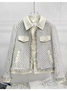 PU皮拼接小香风外套女23839秋季新款小个子百搭粗花呢上衣