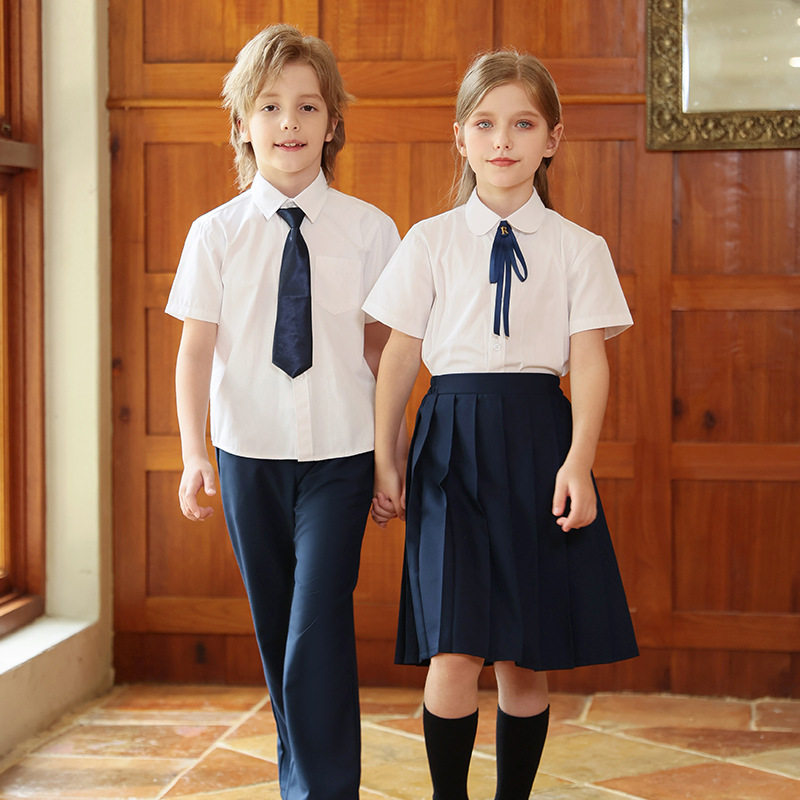 夏女童套装学院风白衬衫藏青黑色百褶裙演出服小学生校服儿童班服