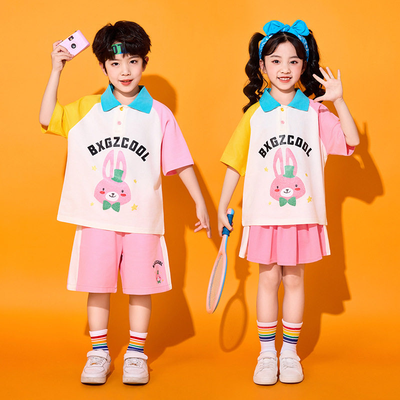 儿童polo衫短袖套装裙子短裤宽松洋气幼儿园表演服小学生夏季班服