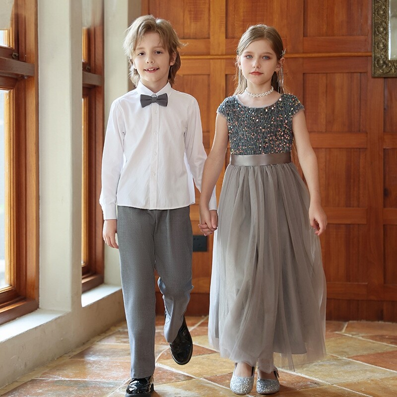 儿童合唱演出服女童长裙纱裙主持人礼服男童白衬衫小学生朗诵服装