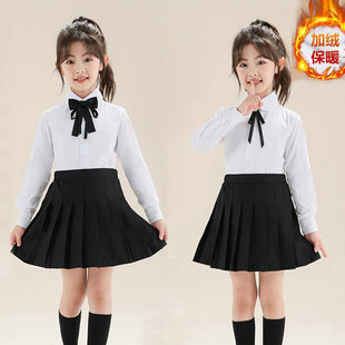 小学生校服演出礼服 中大童装 秋冬加绒女童学院风白衬衫 百褶裙套装