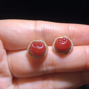 高货南红耳钉原矿无胶无裂无烤色玫红牛血红耳钉耳坠耳饰18k金