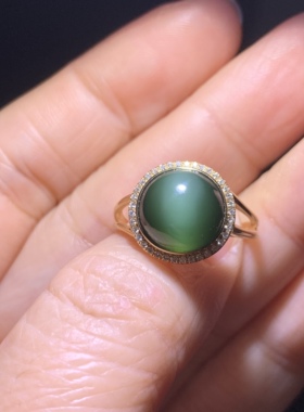 和田玉碧玉戒指猫眼戒指18k金镶俄料蓝猫一线活猫眼戒指碧玉猫眼
