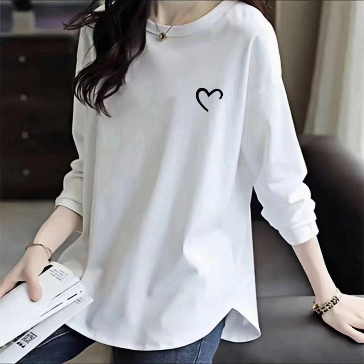 纯棉长袖t恤女秋冬季加绒洋气内搭中长款遮屁股打底衫上衣可外穿