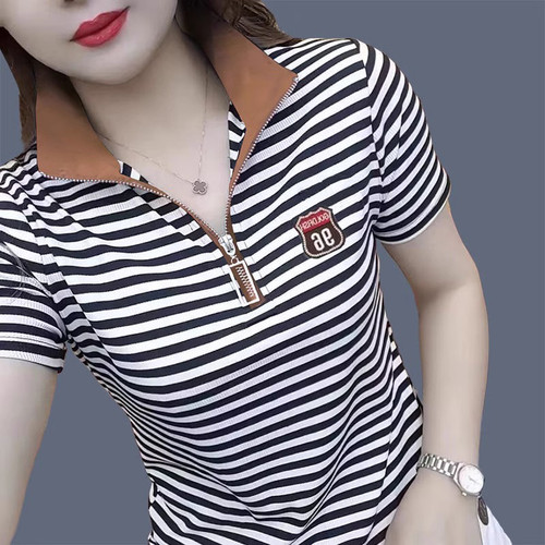 polo衫条纹短袖t恤女装新款立领半拉链时尚翻领撞色休闲百搭上衣