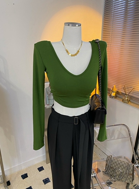 经典款yyds~垫肩低领鸡心领美式短款修身长袖T恤女早秋新绿色显白