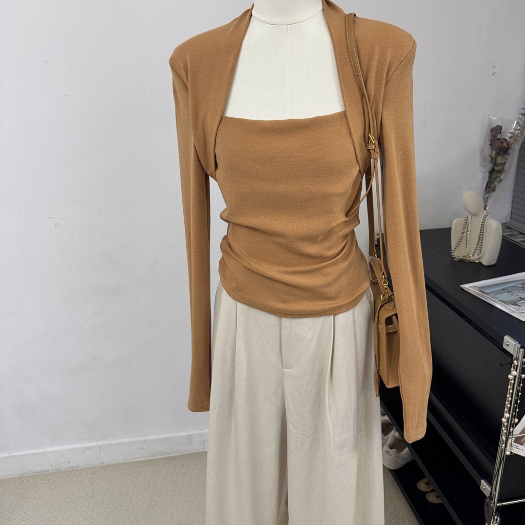 纯欲氛围感梯形领褶皱假两件修身长袖T恤女2025秋季新款精致内搭