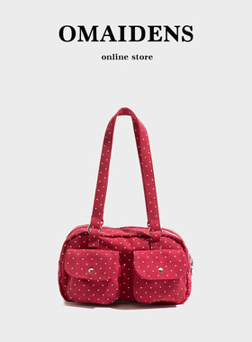 橙子少女波点满天星托特包女设计感红色帆布包轻亚小众单肩腋下包