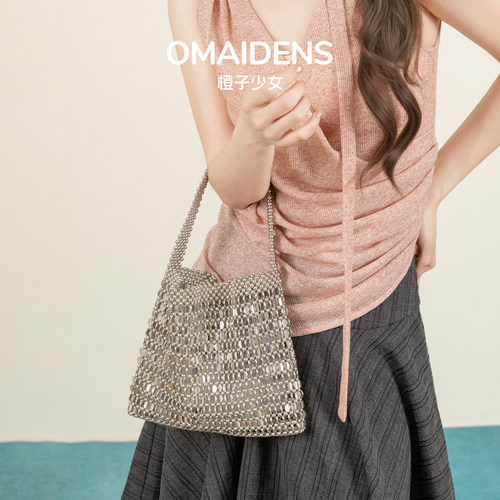 橙子少女复古金属感亮片编织包辣妹高级感单肩腋下包链条手提包包 - 封面