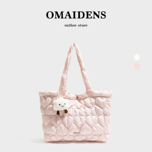 橙子少女韩系甜美粉色尼龙包包爱心云朵手提包大容量单肩包托特包