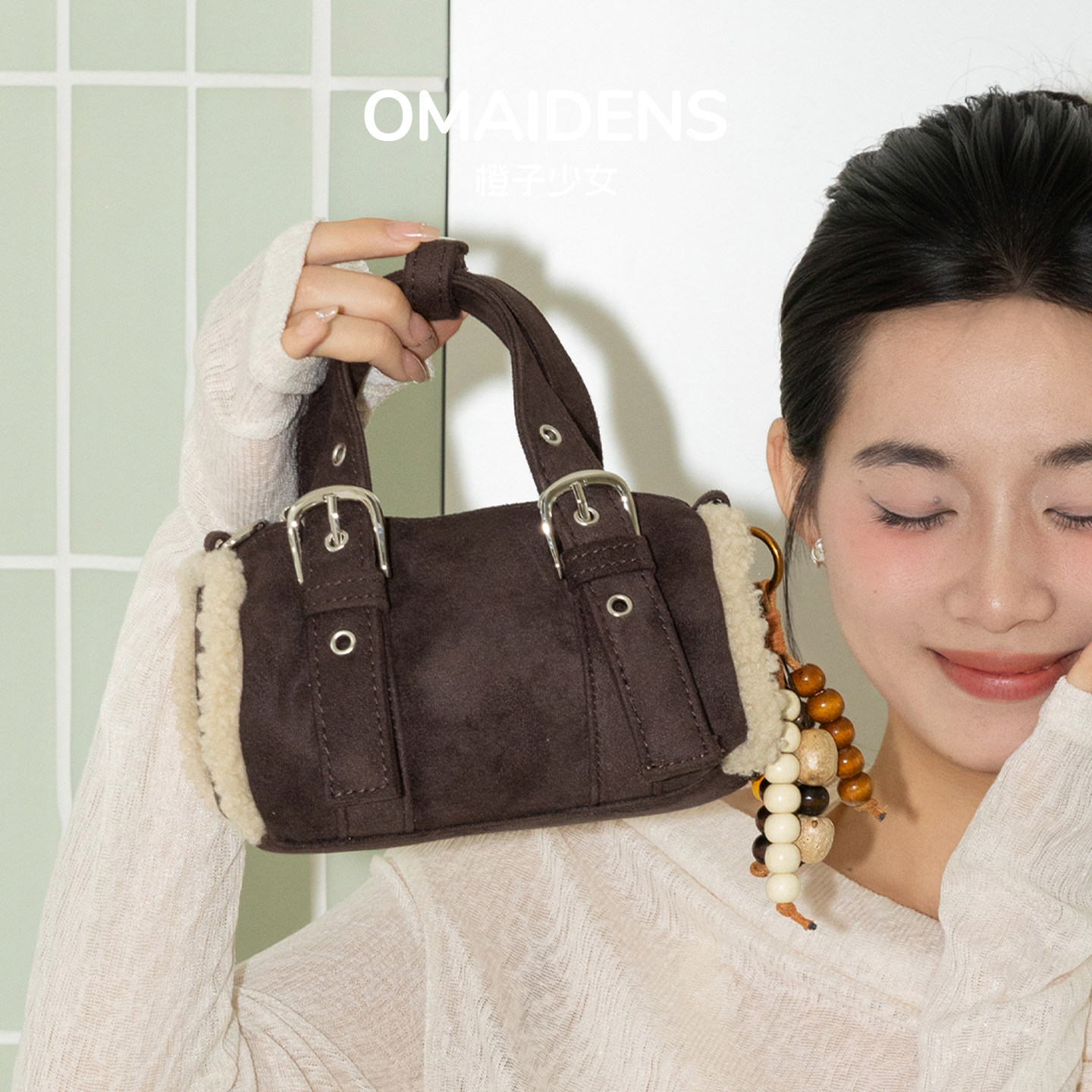 橙子少女麂皮波士顿包女2026新款羊羔毛圆筒包高级感百搭手提包包,箱包皮具/热销女包/男包,手拿包,淘宝优惠券,粉丝福利购,淘宝优惠卷