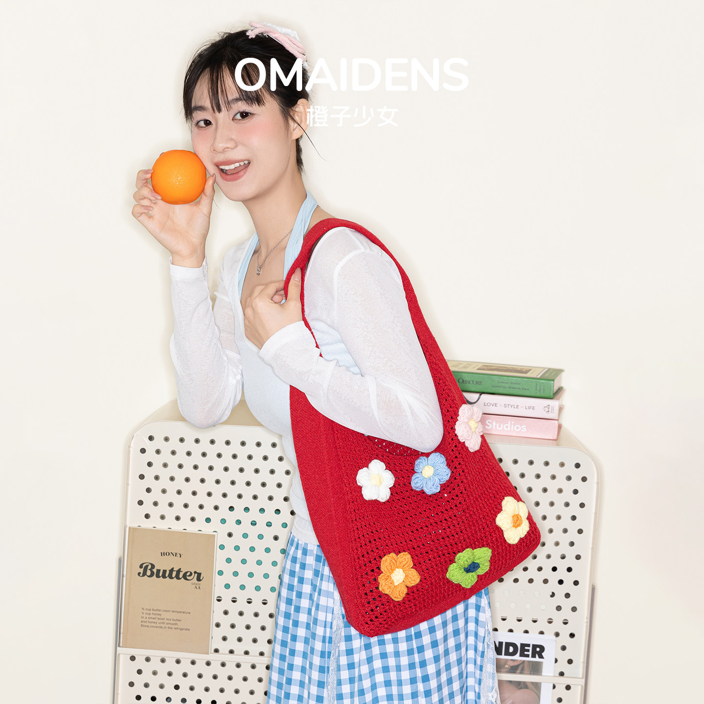 橙子少女红色针织包包女2026春单肩托特包小清新大容量花朵编织包,箱包皮具/热销女包/男包,托特包,淘宝优惠券,粉丝福利购,淘宝优惠卷