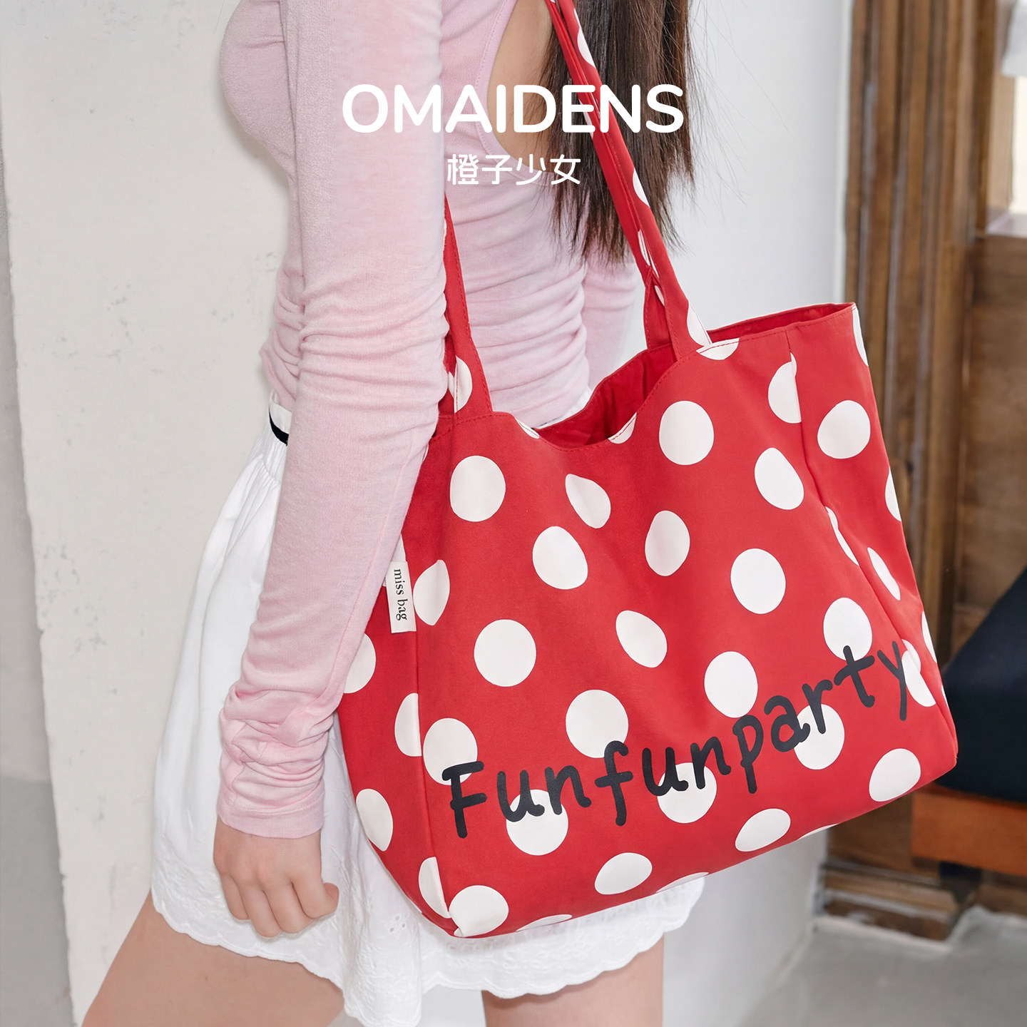 橙子少女韩系学院风红色波点麂皮包包2025秋冬手提包大容量单肩包