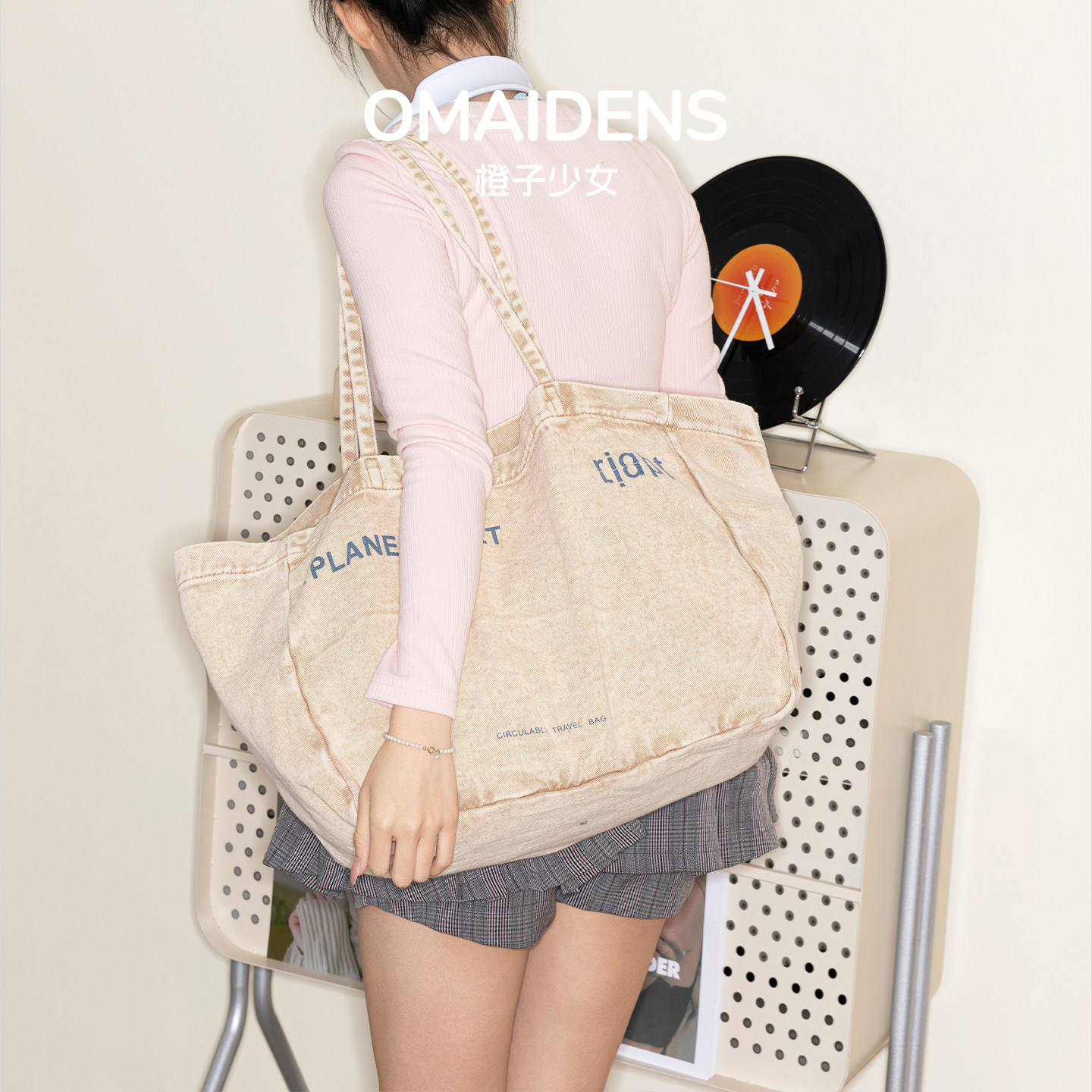 橙子少女卡其色复古做旧风帆布包逛街旅行大号托特包单肩小众设计,箱包皮具/热销女包/男包,托特包,淘宝优惠券,粉丝福利购,淘宝优惠卷