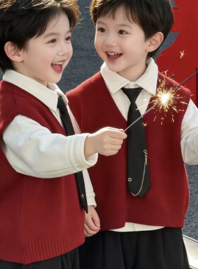 男童新年毛线红马甲外穿冬季加绒衬衫新款中式拜年服上衣两件套