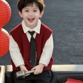 叠穿核心 男童新年红马甲外穿冬季 加绒衬衫 新款 v领宽松坎肩毛