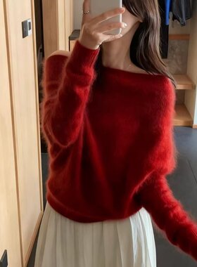 正品哥家新2026春季红色一字肩针织衫慵懒风宽松露肩高级感毛衣