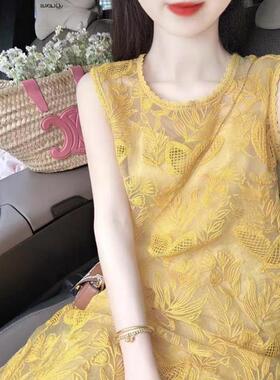 正品哥家新2025夏新款名媛气质重工刺绣黄色连衣裙镂空度假裙子女
