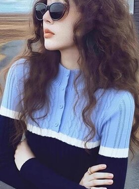 正品哥家新2026春季撞色圆领羊毛针织衫女修身显瘦蓝色长袖上衣