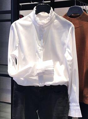 正品哥家新2025春木耳边打底立领花边白色长袖衬衫上衣女