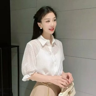 哥家新女装 两件套衬衫 2025新款 气质优雅显瘦翻领泡泡短袖 夏装 正品