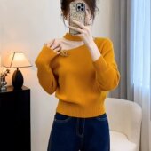 哥家新款 镂空露肩橙色毛衣 设计感挂脖花朵针织衫 2026春季 韩版