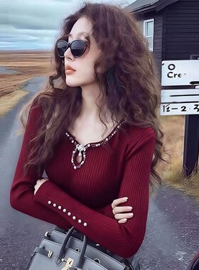 正品哥家新2026春季红色钉珠圆领镂空针织打底衫女修身显瘦毛衣