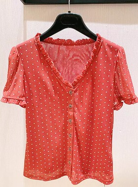 正品哥家新V领红色波点雪纺衬衫女2025夏新款网纱修身短袖t恤上衣
