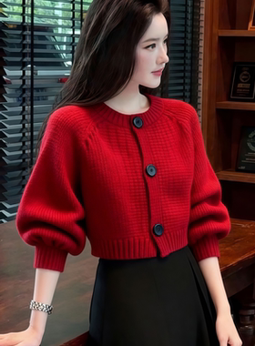 正品哥家新2026春季红色灯笼袖针织开衫慵懒风新年战袍短款外套