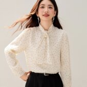 正品 宽松减龄上衣 长袖 哥家新2026春秋法式 蝴蝶结系带领波点衬衫