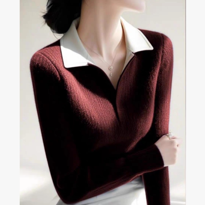 白领哥弟新2025秋冬新款高级感拼色polo领针织衫修身长袖毛衣女