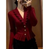 正品 收腰气质上衣 女修身 哥家新2025冬季 小香风荷叶边V领针织衫