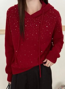 正品哥家新2026春季韩式烫钻连帽针织衫女红色宽松显瘦百搭毛衣