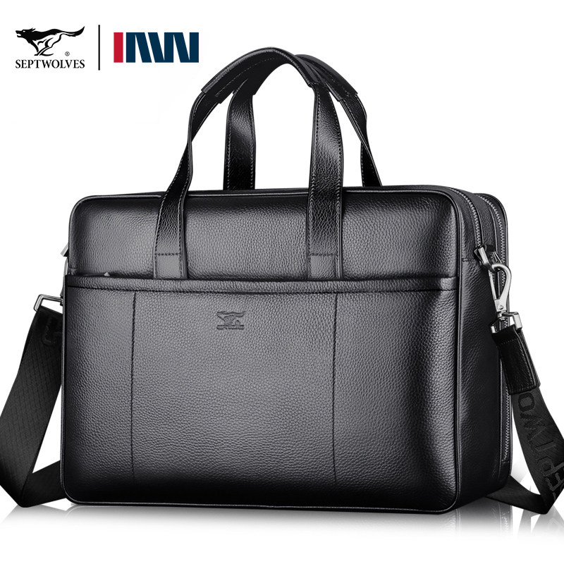 正品七匹狼男士手提包商务公文包真皮皮包手拿电脑包单肩斜跨包新