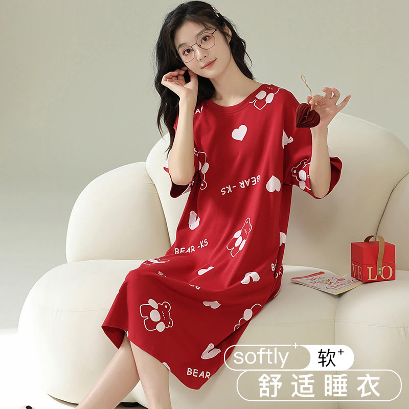 俞兆林100%纯棉睡裙短袖可爱可外穿大红2025新款女薄款夏季家居服