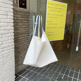 原创简约大包包绿色单肩包夏季大容量小众撞色宽肩带方型托特包女