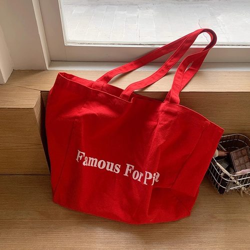 ins百搭字母红色帆布包购物袋