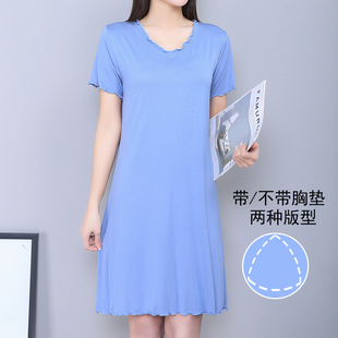 睡裙女夏连衣裙短袖 显瘦裙子 V领宽松大码 莫代尔大弹力木耳边大码