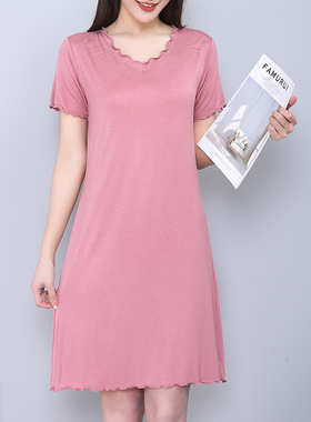 夏季女士连衣裙短袖V领宽松大码莫代尔大弹力木耳边大码显瘦裙子
