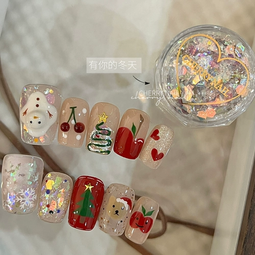 Чери Маникюр Зимний сериал Sequin Cub Small Cans Рождественский искусство ногтей Материалы