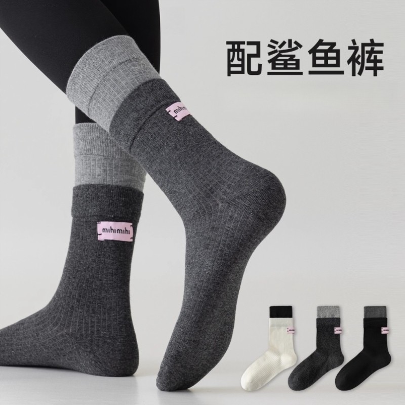 配鲨鱼裤的袜子女灰色秋冬双螺口中筒袜春秋季纯棉女士打底裤长袜