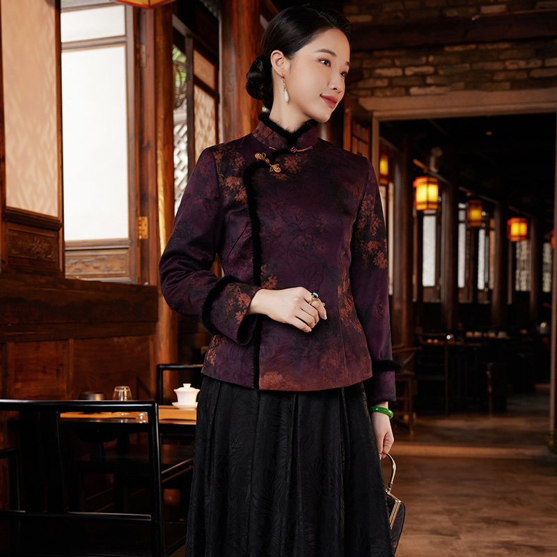 玺玥2021年冬季新款中国风女花罗香云纱夹棉短款复古唐装上衣外套